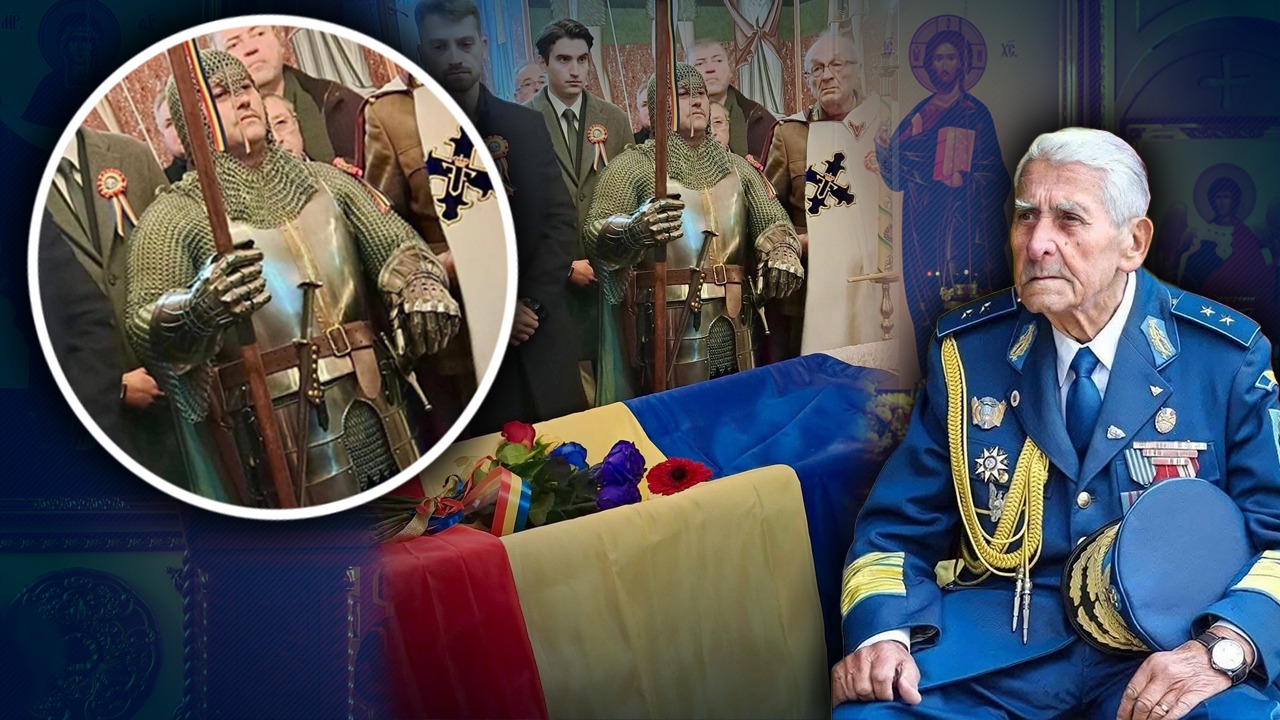 imagini-de-la-inmormantarea-generalului-theodoru,-cercetat-la-varsta-de-101-ani-pentru-rasturnarea-ordinii-constitutionale-un-participant-a-venit-in-armura-medievala.-discursul-controversat-al-fiicei