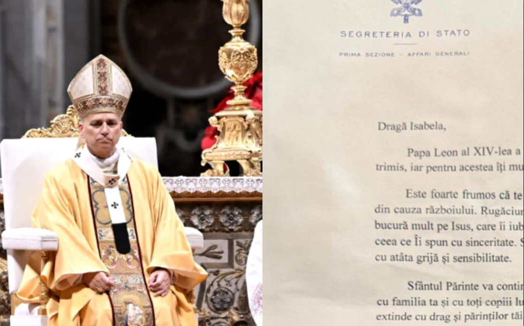 scrisoarea-pe-care-i-a-trimis-o-papa-leon-al-xiv-lea-unei-fetite-din-bucuresti,-in-noaptea-de-craciun.-isabela-ii-trimisese-un-desen