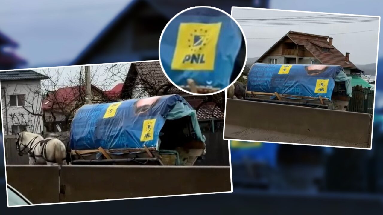 Căruță acoperită cu banner electoral PNL, observată în mișcare