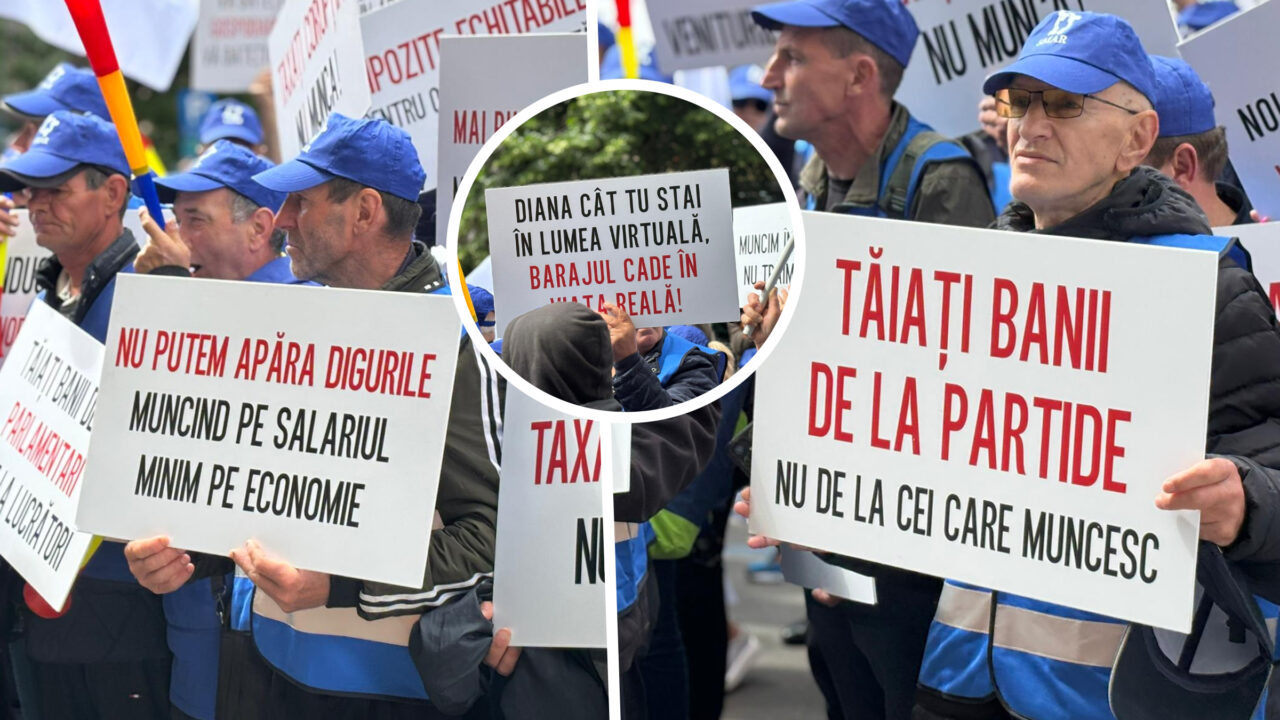 sindicalistii-din-apele-romane-protesteaza-la-bucuresti:-diana,-cat-tu-stai-in-lumea-virtuala,-barajul-cade-in-viata-reala