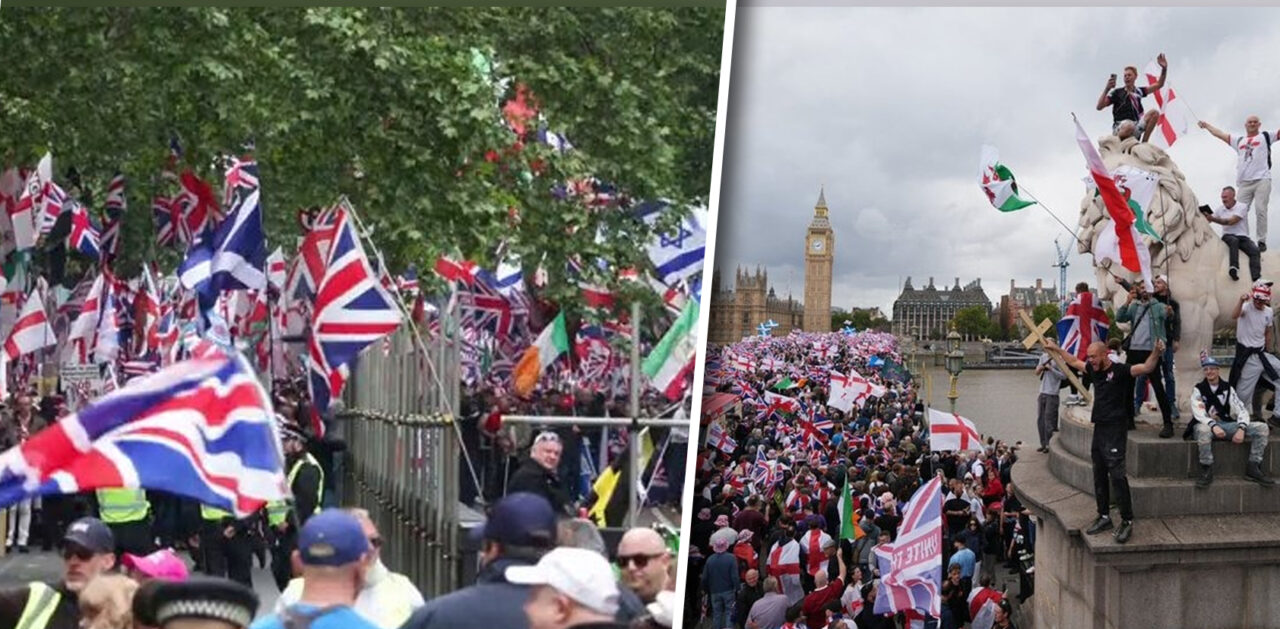tensiuni-la-londra:-zeci-de-mii-de-nationalisti-cu-steagurile-uniunii-si-activistii-pro-palestina-protesteaza-separat.-politia-a-intervenit-in-forta